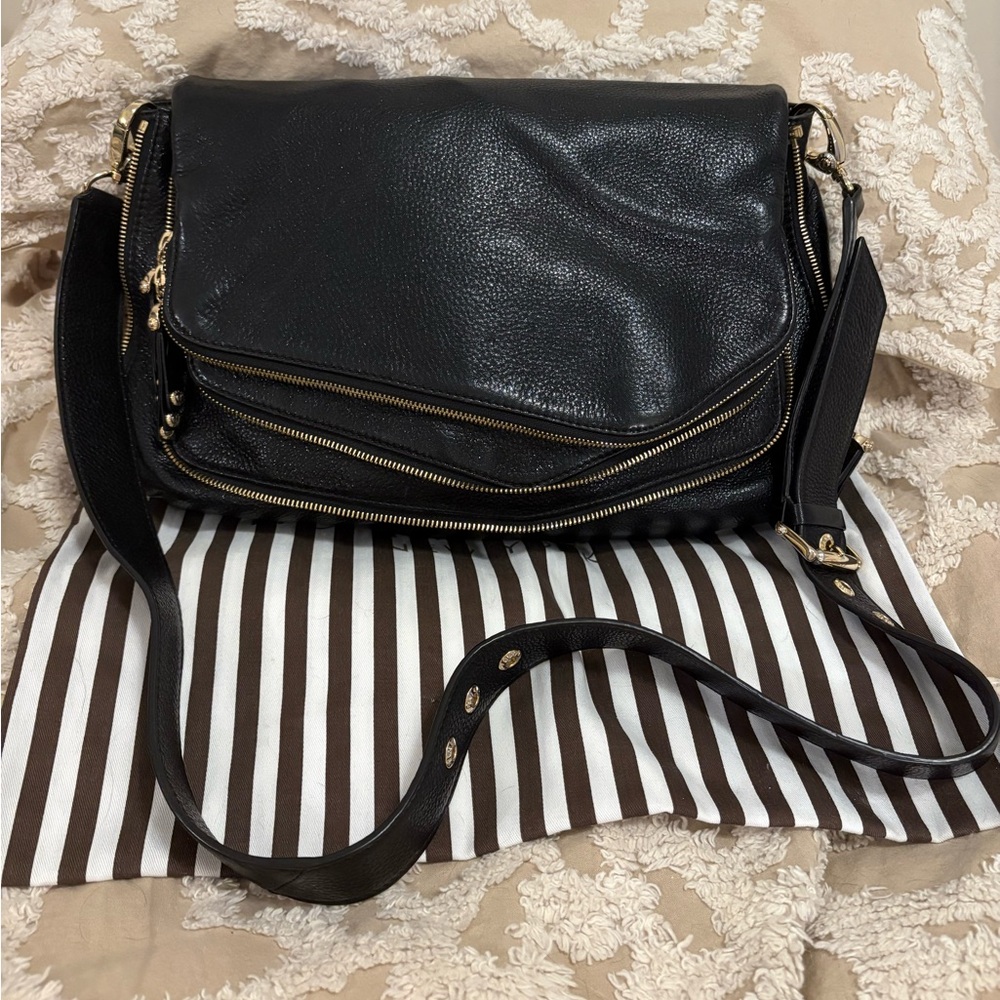 Henri Bendel Black Shimmer Leather Messenger Flap Bag